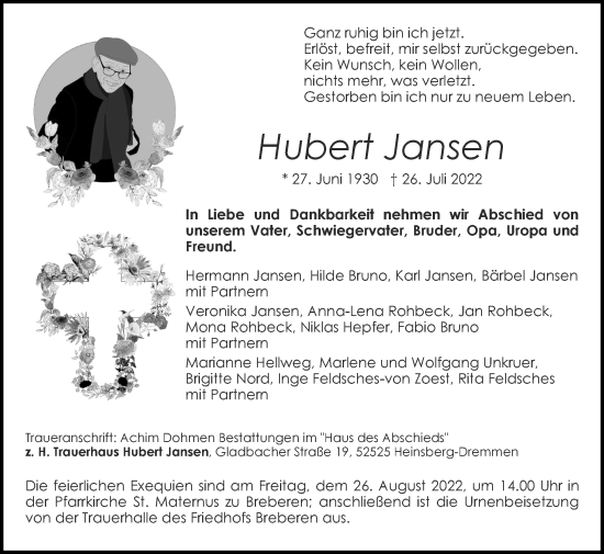 Traueranzeige von Hubert Jansen von Zeitung am Sonntag