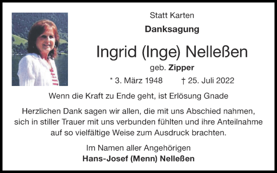 Traueranzeige von Ingrid Nelleßen von Zeitung am Sonntag