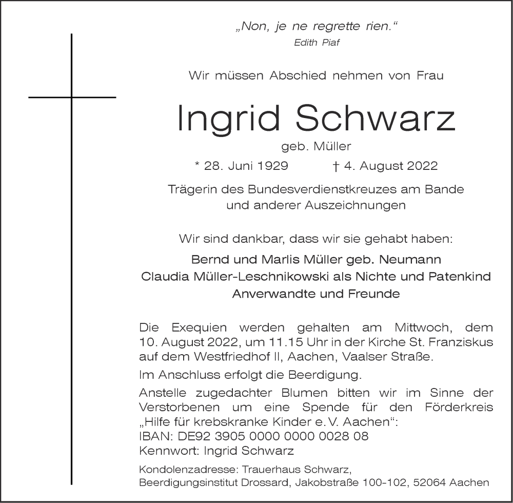  Traueranzeige für Ingrid Schwarz vom 06.08.2022 aus Aachener Zeitung / Aachener Nachrichten