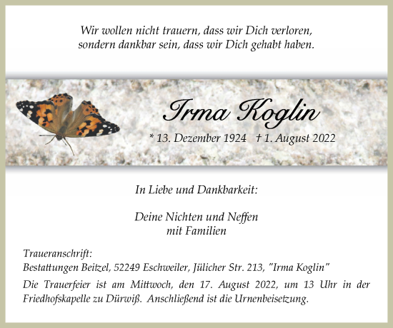 Traueranzeige von Irma Koglin von Zeitung am Sonntag