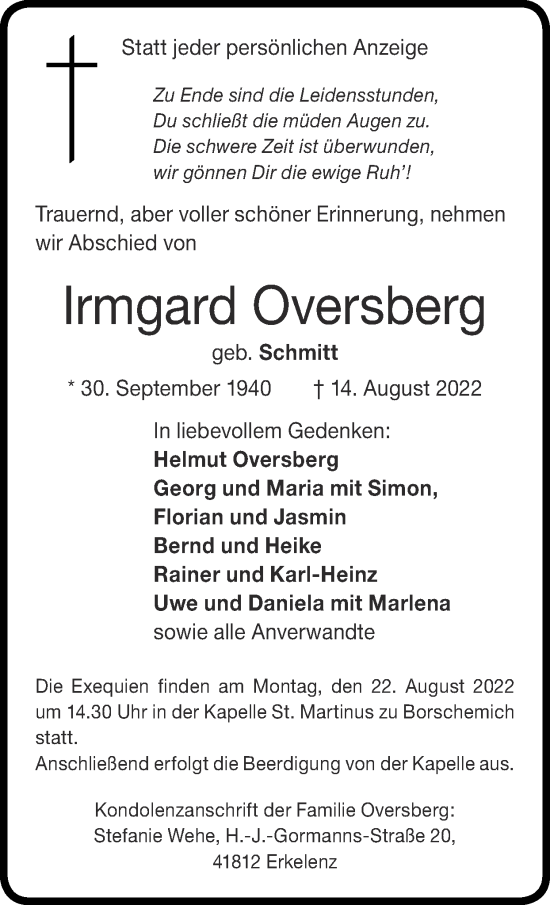 Traueranzeige von Irmgard Oversberg von Zeitung am Sonntag
