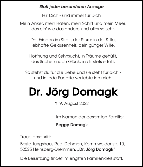 Traueranzeige von Jörg Domagk von Zeitung am Sonntag