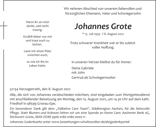 Traueranzeige von Johannes Grote von Aachener Zeitung / Aachener Nachrichten