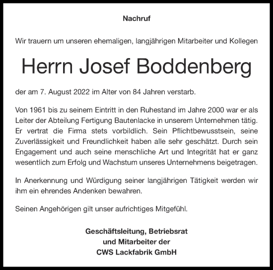 Traueranzeige von Josef Boddenberg von Aachener Zeitung / Aachener Nachrichten