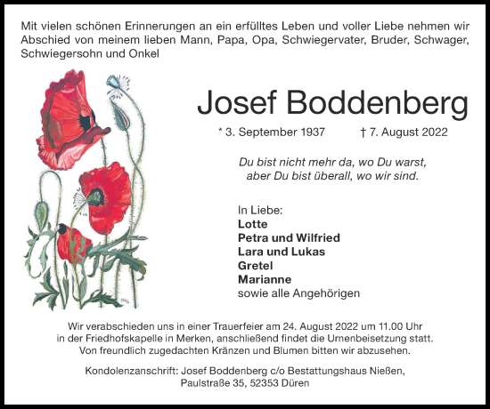 Traueranzeige von Josef Boddenberg von Zeitung am Sonntag