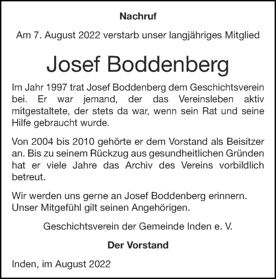 Traueranzeige von Josef Boddenberg von Zeitung am Sonntag