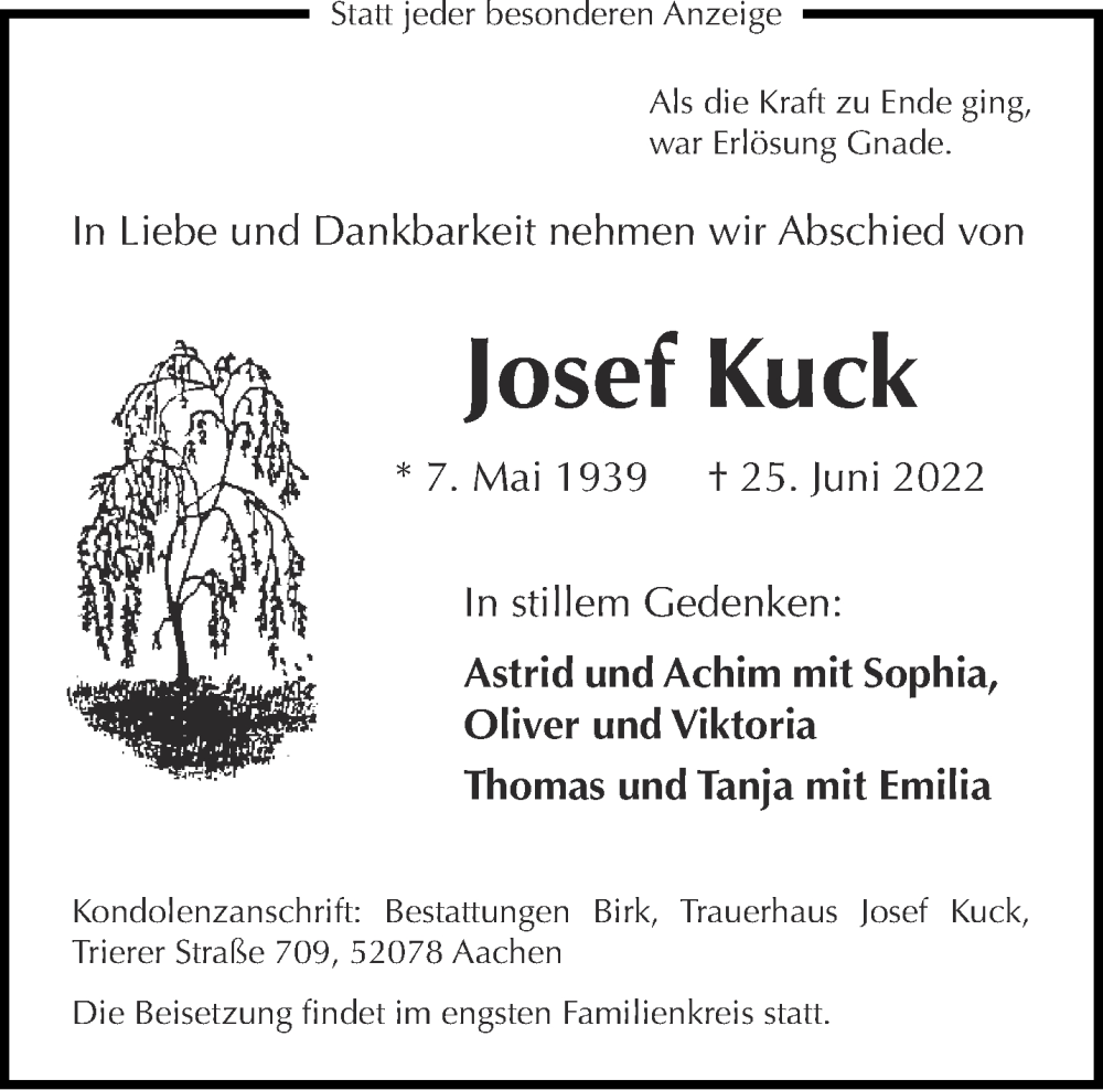  Traueranzeige für Josef Kuck vom 06.08.2022 aus Aachener Zeitung / Aachener Nachrichten