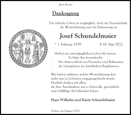 Traueranzeige von Josef Schundelmaier von Zeitung am Sonntag