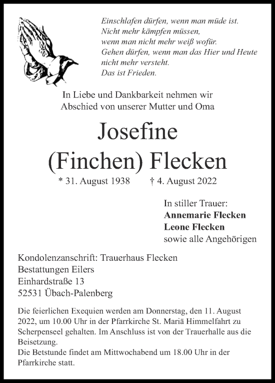 Traueranzeige von Josefine Flecken von Zeitung am Sonntag