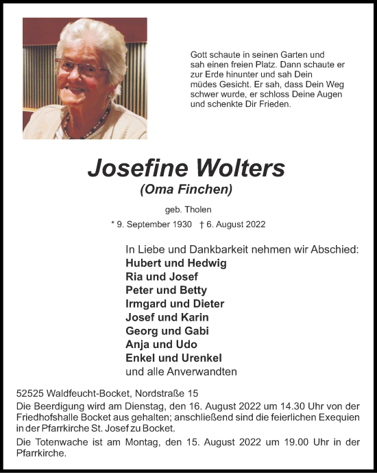 Traueranzeige von Josefine Wolters von Zeitung am Sonntag