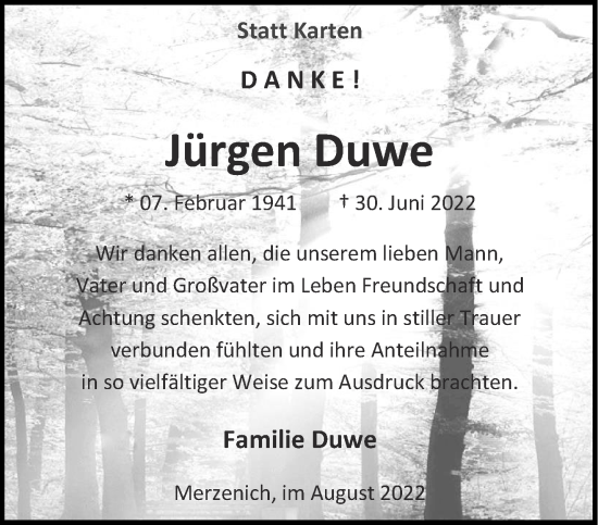 Traueranzeige von Jürgen Duwe von Aachener Zeitung / Aachener Nachrichten