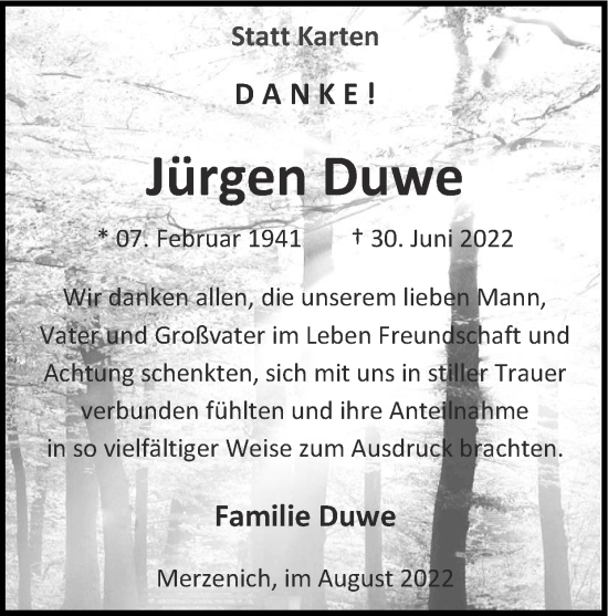 Traueranzeige von Jürgen Duwe von Zeitung am Sonntag