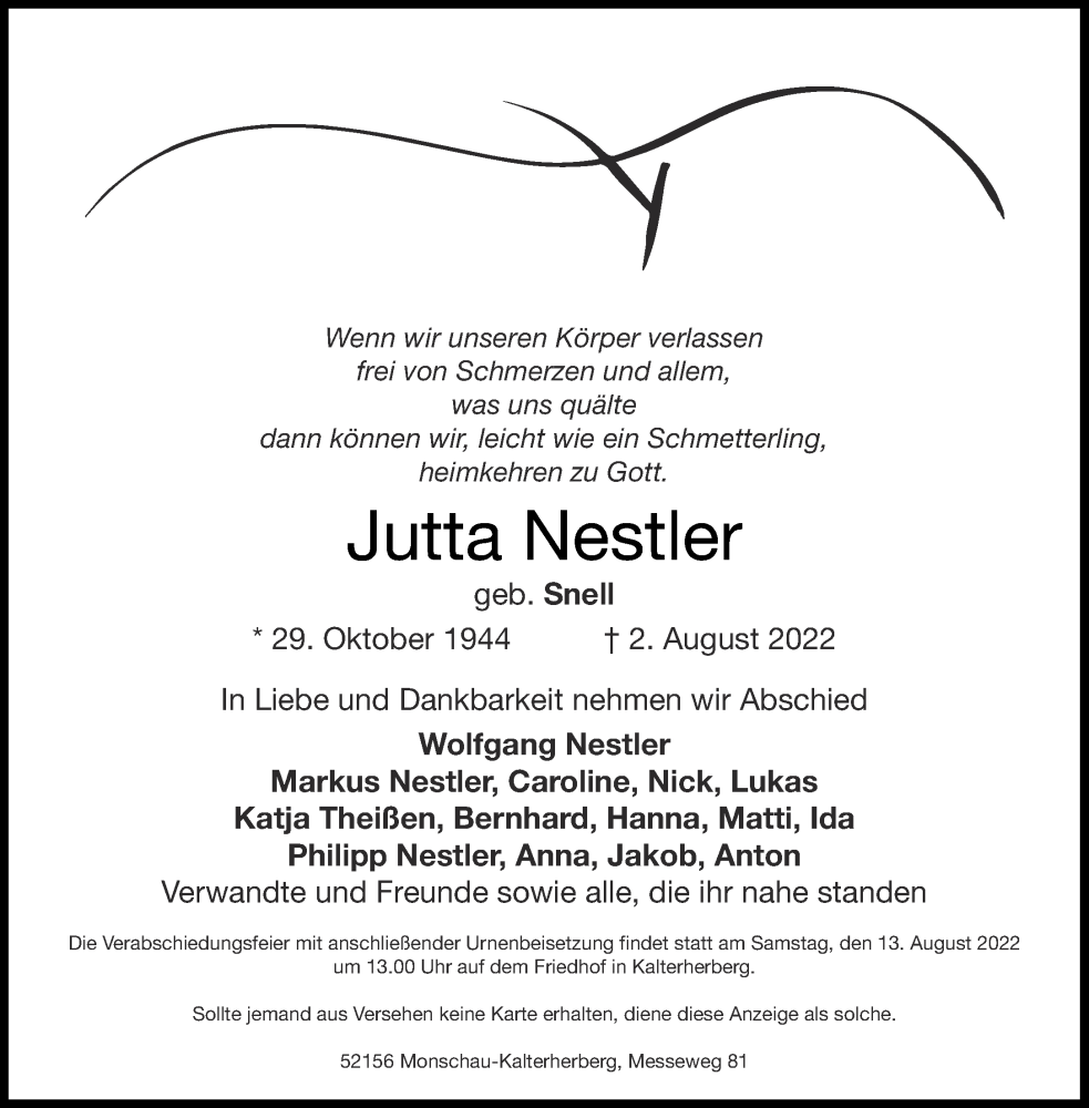  Traueranzeige für Jutta Nestler vom 06.08.2022 aus Aachener Zeitung / Aachener Nachrichten