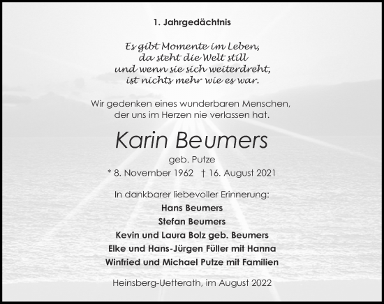 Traueranzeige von Karin Beumers von Zeitung am Sonntag