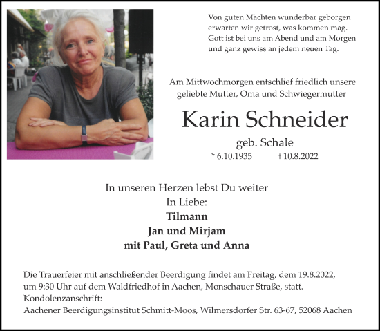 Traueranzeige von Karin Schneider von Aachener Zeitung / Aachener Nachrichten