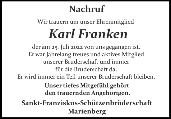 Traueranzeige von Karl Franken von Zeitung am Sonntag