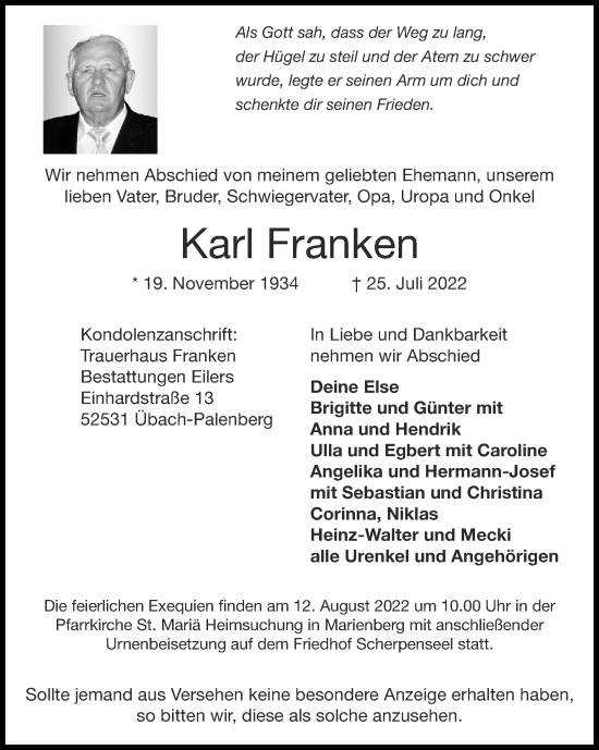 Traueranzeige von Karl Franken von Zeitung am Sonntag
