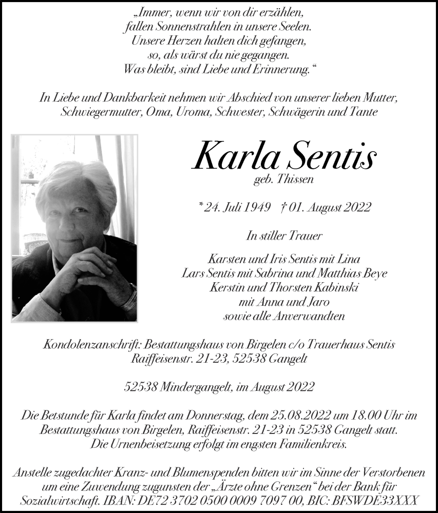  Traueranzeige für Karla Sentis vom 21.08.2022 aus Zeitung am Sonntag