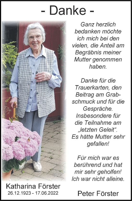 Traueranzeige von Katharina Förster von Zeitung am Sonntag