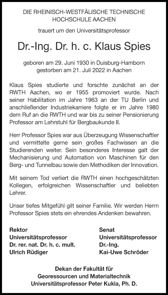  Traueranzeige für Klaus Spies vom 06.08.2022 aus Aachener Zeitung / Aachener Nachrichten