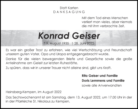 Traueranzeige von Konrad Geiser von Zeitung am Sonntag