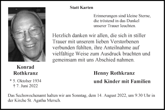 Traueranzeige von Konrad Rothkranz von Zeitung am Sonntag