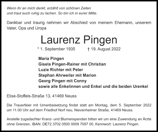 Traueranzeige von Laurenz Pingen von Zeitung am Sonntag