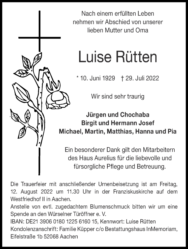  Traueranzeige für Luise Rütten vom 06.08.2022 aus Aachener Zeitung / Aachener Nachrichten