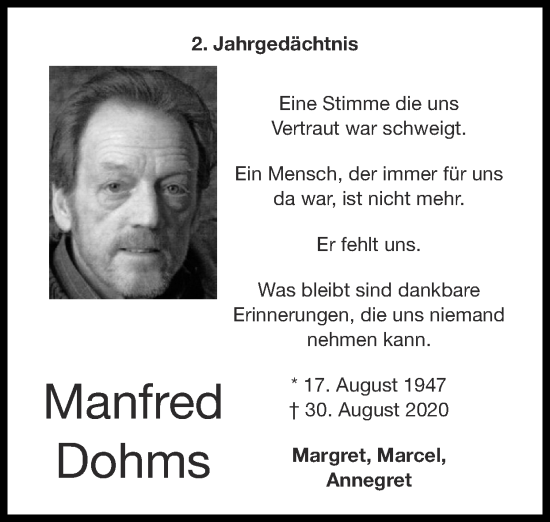 Traueranzeige von Manfred Dohms von Zeitung am Sonntag