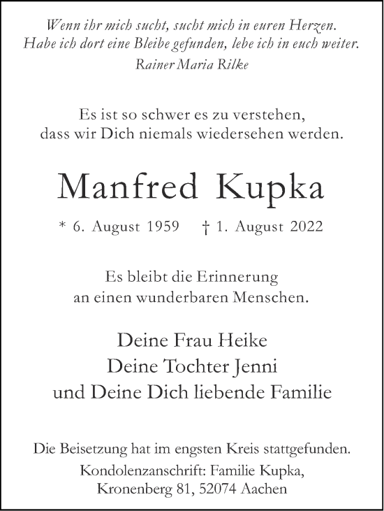 Traueranzeige von Manfred Kupka von Zeitung am Sonntag