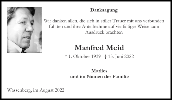 Traueranzeige von Manfred Meid von Zeitung am Sonntag