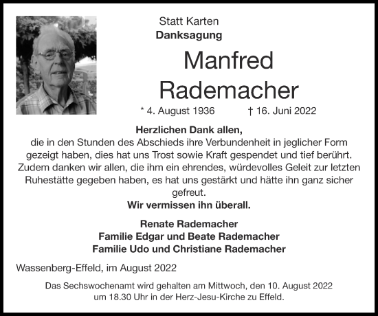 Traueranzeige von Manfred Rademacher von Zeitung am Sonntag
