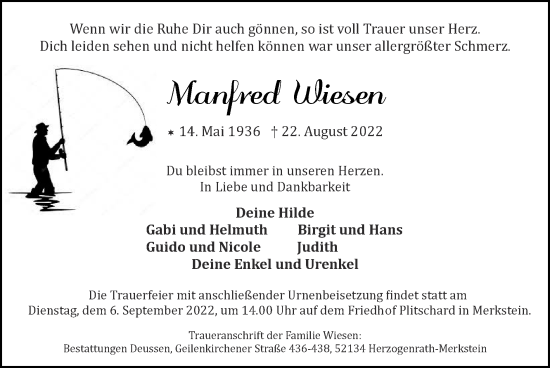 Traueranzeige von Manfred Wiesen von Zeitung am Sonntag
