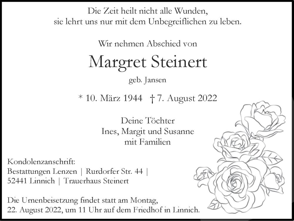  Traueranzeige für Margret Steinert vom 14.08.2022 aus Zeitung am Sonntag