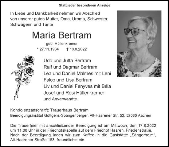Traueranzeige von Maria Bertram von Aachener Zeitung / Aachener Nachrichten