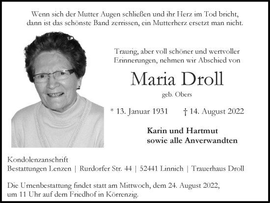 Traueranzeige von Maria Droll von Zeitung am Sonntag