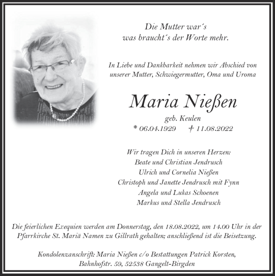 Traueranzeige von Maria Nießen von Zeitung am Sonntag