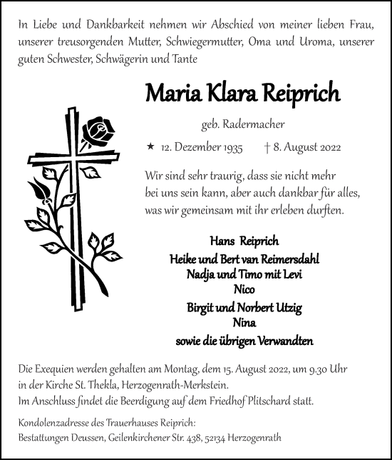Traueranzeige von Maria Klara Reiprich von Zeitung am Sonntag