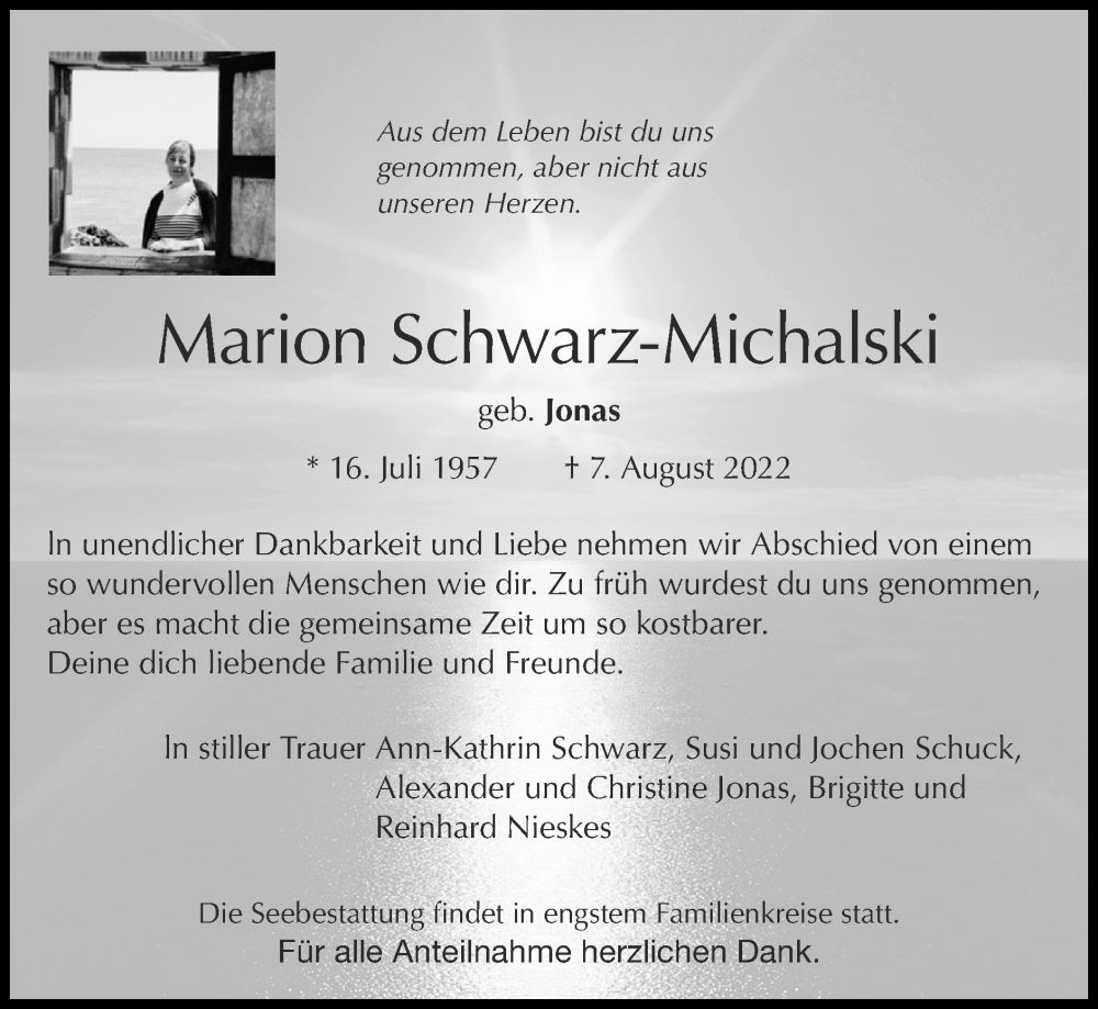  Traueranzeige für Marion Schwarz-Michalski vom 14.08.2022 aus Zeitung am Sonntag