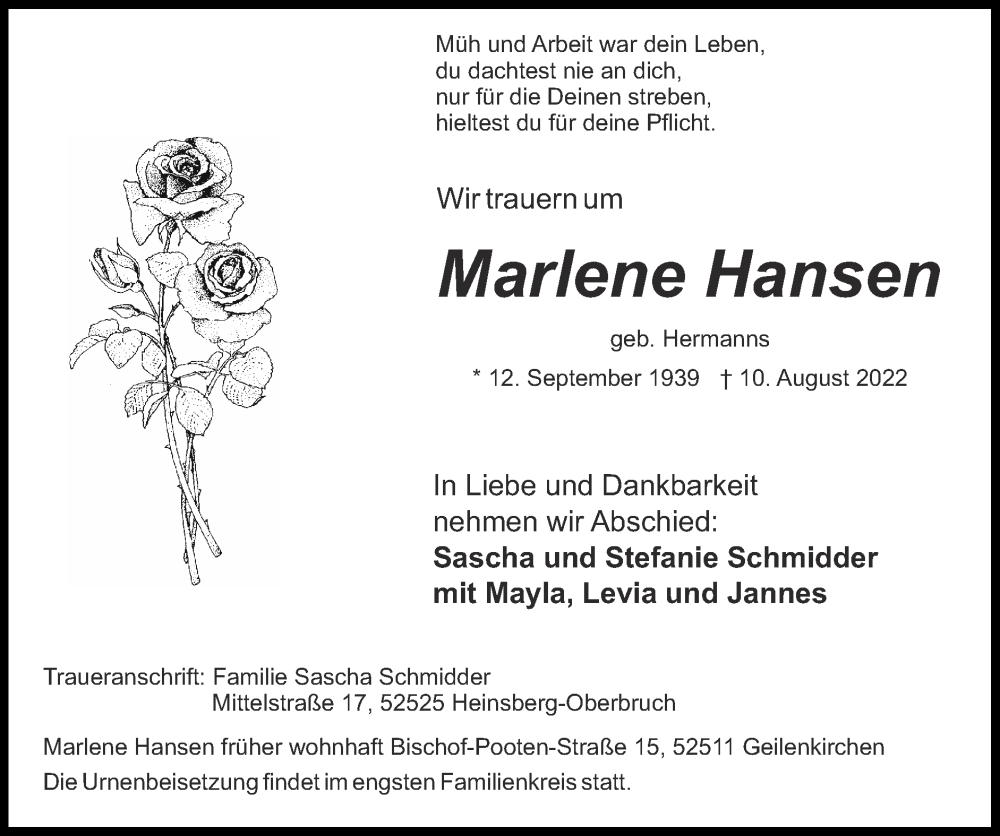  Traueranzeige für Marlene Hansen vom 14.08.2022 aus Zeitung am Sonntag