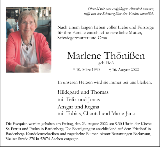 Traueranzeige von Marlene Thönißen von Zeitung am Sonntag