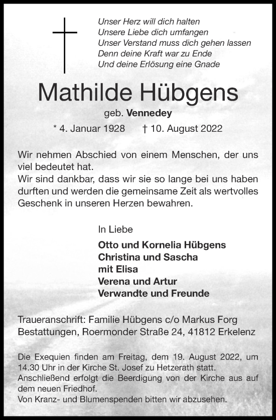 Traueranzeige von Mathilde Hübgens von Zeitung am Sonntag