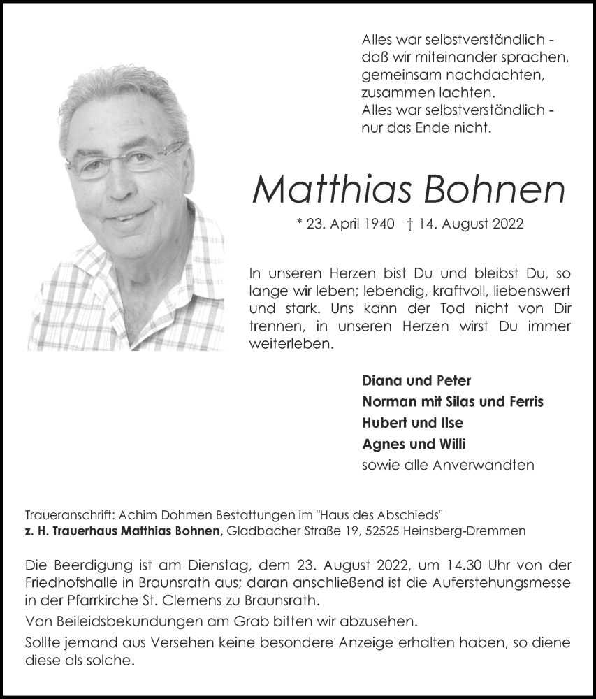  Traueranzeige für Matthias Bohnen vom 21.08.2022 aus Zeitung am Sonntag