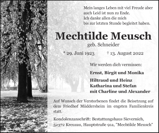 Traueranzeige von Mechtilde Meusch von Zeitung am Sonntag