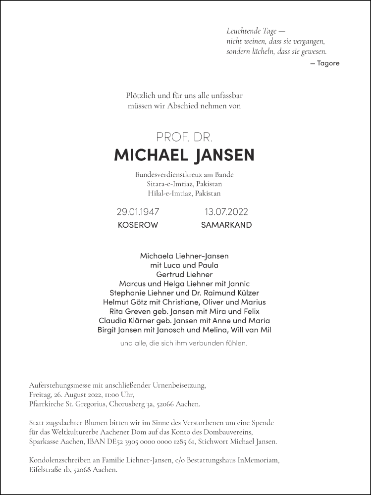  Traueranzeige für Michael Jansen vom 13.08.2022 aus Aachener Zeitung / Aachener Nachrichten