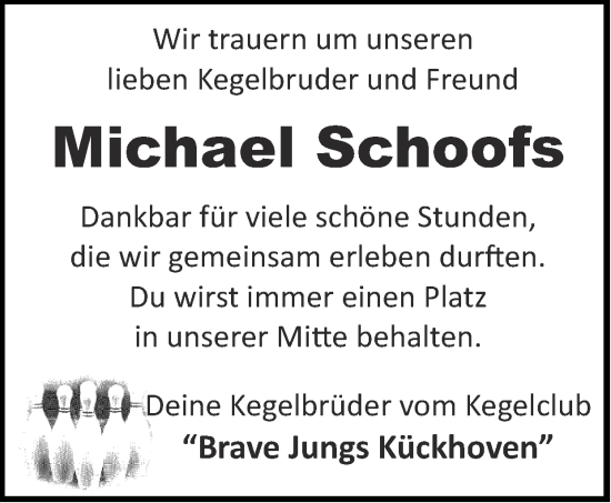 Traueranzeige von Michael Schoofs von Zeitung am Sonntag