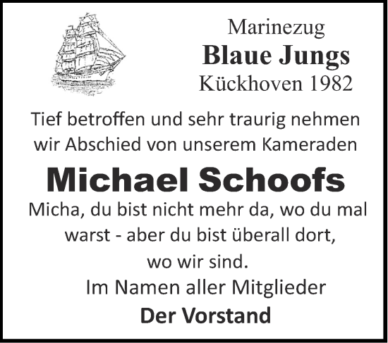 Traueranzeige von Michael Schoofs von Zeitung am Sonntag