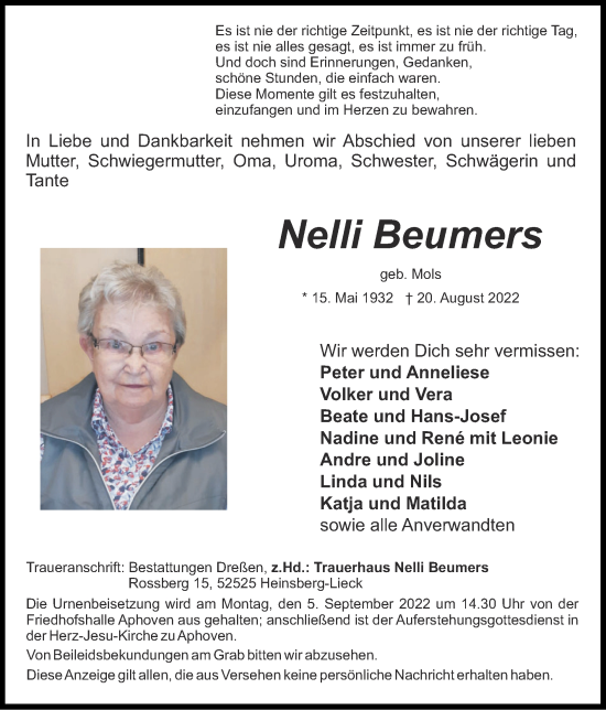Traueranzeige von Nelli Beumers von Zeitung am Sonntag