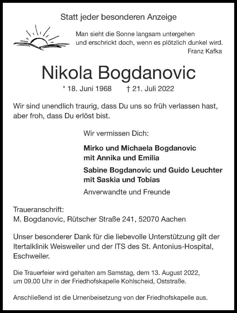  Traueranzeige für Nikola Bogdanovic vom 06.08.2022 aus Aachener Zeitung / Aachener Nachrichten