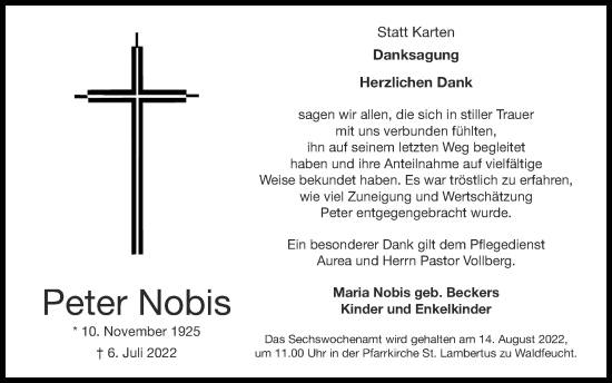 Traueranzeige von Peter Nobis von Zeitung am Sonntag